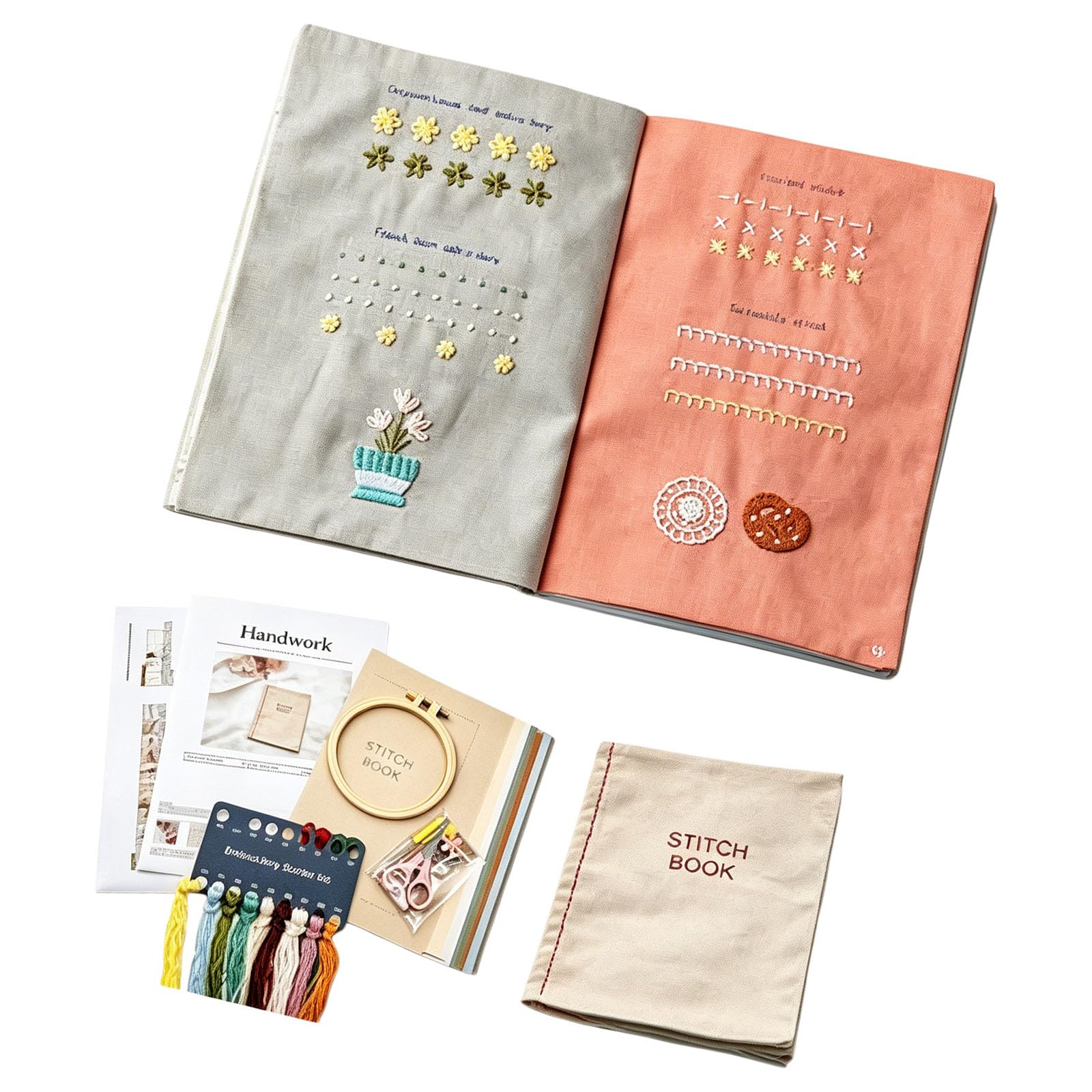 Tsophreniq Professional Sewing Embroidery Set Stitching Guide Book with Sewing Tool for Adult Beginner Stitching Practice Embroidery Thread Book