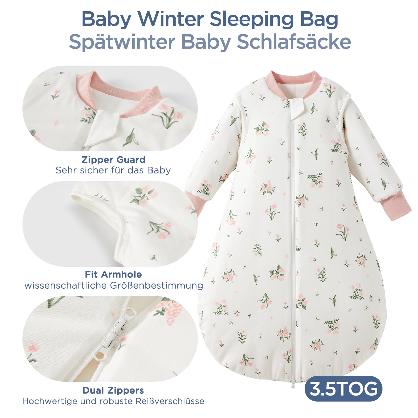 Duomiaomiao Sacco nanna 3.5Tog per bebè, Sacco 100% cotone per bebè invernale, Ragazze neonate, Sacco nanna per bambini maschi, Caldo per neonati e bambini piccoli(Fiori Rosa/100)