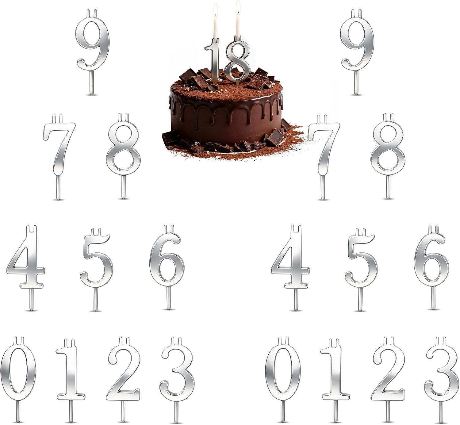 Number Candle Holder Set, 20 Reusable 0-9 Cake Toppers, Silver