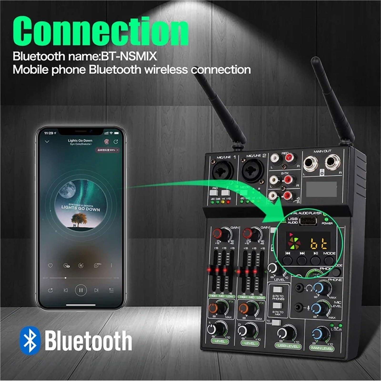 Kontrolery DJ-skie, 4-kanałowy mikser, mikser USB, konsola Bluetooth z bezprzewodowym mikrofonem, mikser DJ-ski do urządzenia imprezowego, soundbar