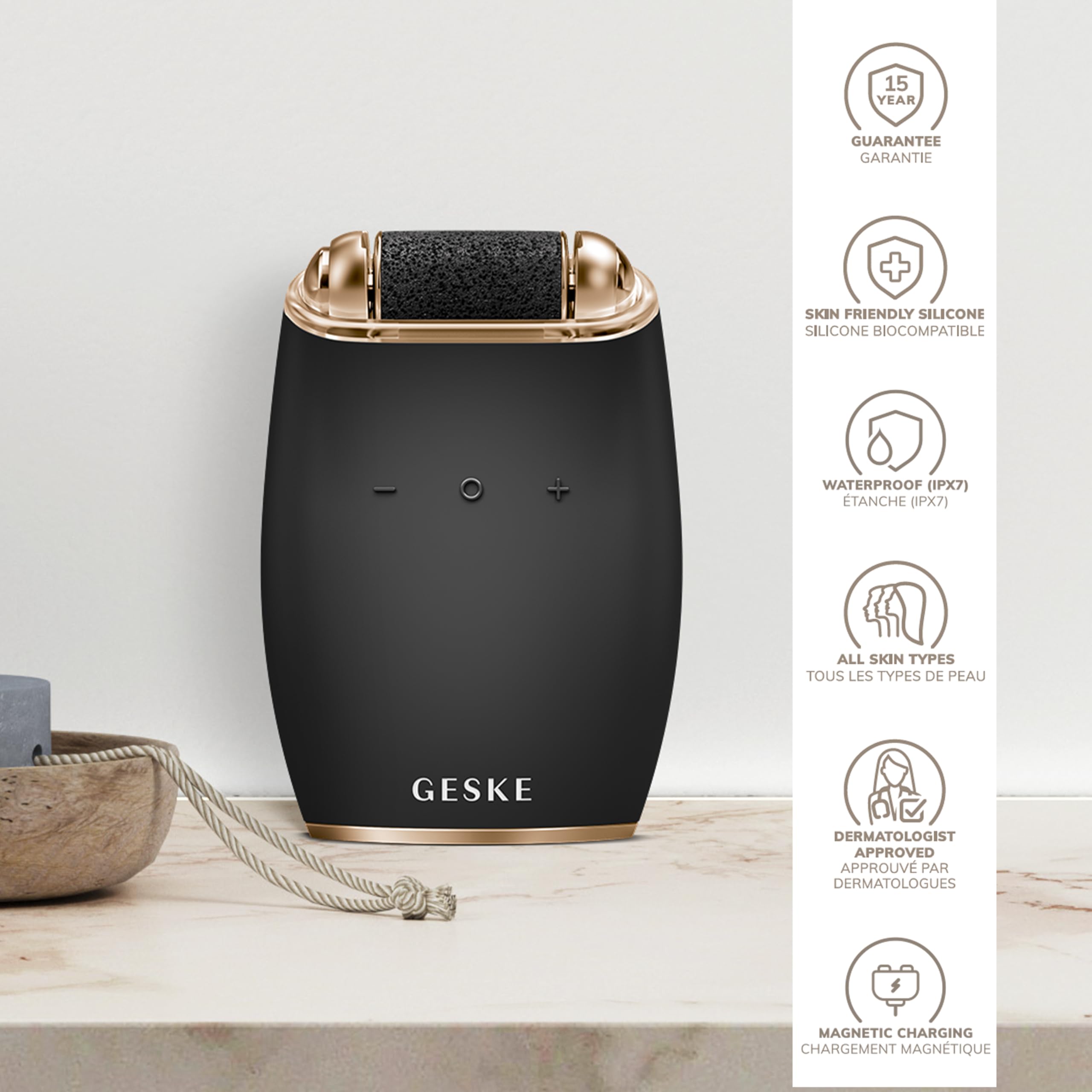 GESKE Electric Pumice Foot Smoothing Roller | 7 in 1 | Elektrische Fußfeile | Bimsstein | Weiche Füße | Effektive Hornhautentfernung | Handliches Design |Für Dein Pediküre-Set