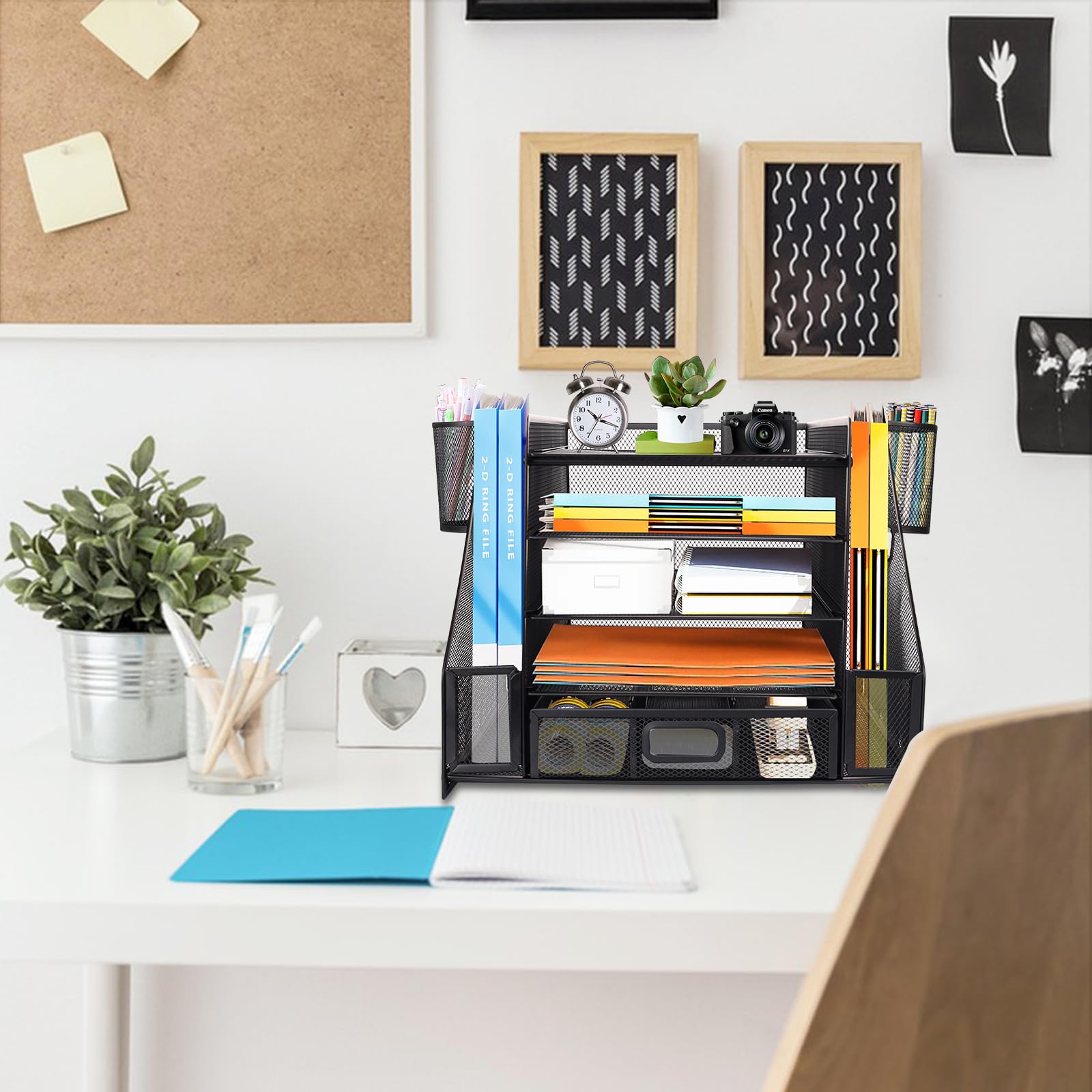Organiseur de bureau en maille avec porte-fichiers, bac à courrier à 5 niveaux avec porte-magazines, organiseur de bureau et rangement pour fournitures de bureau, maison ou école, noir
