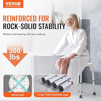 VEVOR Shower Chair for Inside Shower, Adjustable Height Shower Stool, Non-Slip Bench Bathtub Seat Stool for Elderly Disabled Adults Handicap, 300 lbs Capacity