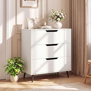 Giantex 3-Drawer Dresser, Chest of Drawers, Rustic Farmhouse Wooden Storage Dresser, Sofa Beside Table, Utility Storage Organizer for Bedroom, Living Room, Study, Entryway and Closet (White)