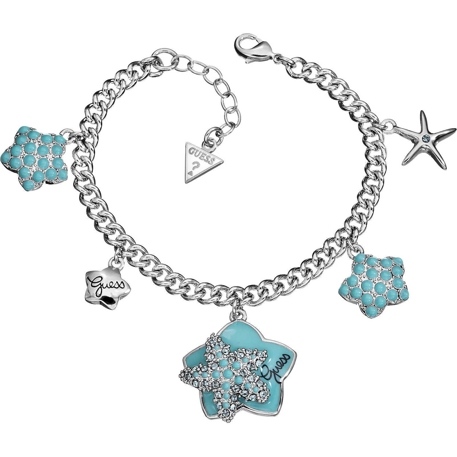 Guess, bracciale da donna in metallo con charms impreziositi da piccole pietre azzurre e bianche, lunghezza 18 cm