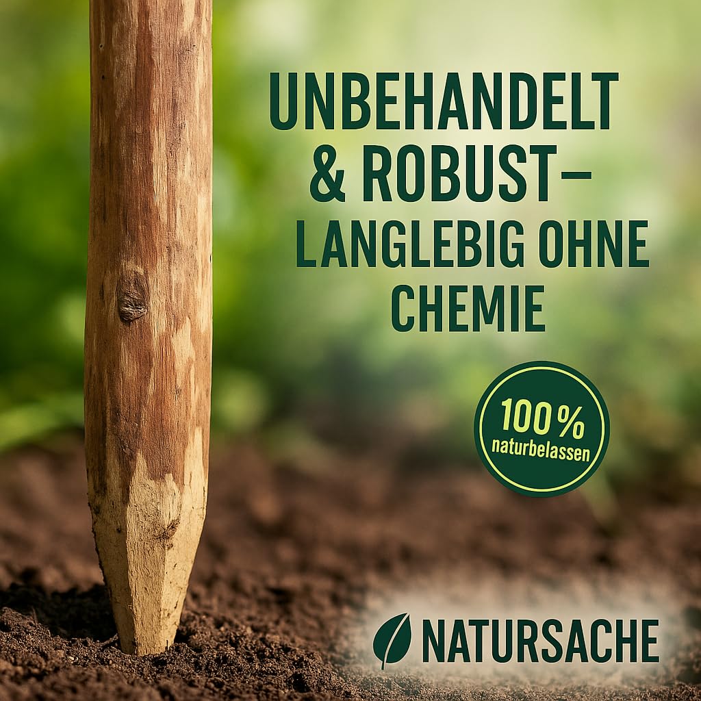 Natursache Haselnuss Holzpfosten Set, 5-teilig, Angespitzte Rundpfähle für Staketenzaun, Bauernzaun, Gartenzaun (5 Stk., 150 cm)