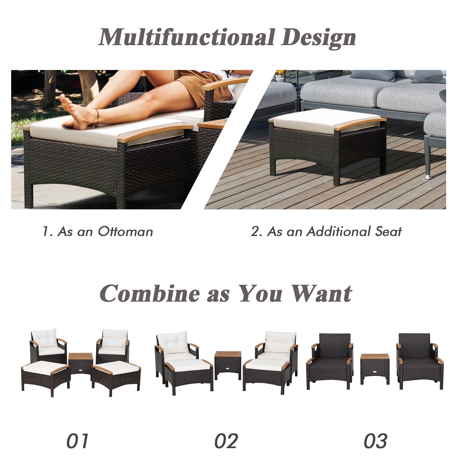 LIFEZEAL Juego de Muebles de Ratán, 2 sillónes de jardín con 2 taburetes con Cojines extraíbles, reposabrazos de Madera de Acacia, 2 Sofás Individual y Mesa de Centro para 2-4 Personas (5 Piezas)