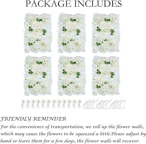 Miniatura 5 de NUPTIO Panel de pared de flores para telón de fondo, 6 piezas de 24 x 16 pulgadas, rosas artificiales blancas para decoración de pared, decoración