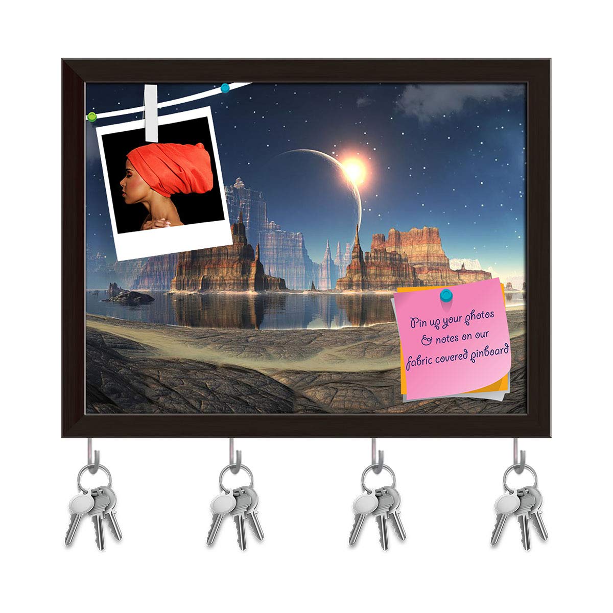 ArtzFolio Solar Eclipse Over Alien Lake Landscape Bulletin Notice Pin Board | Vision Soft Board | Inbuilt Key Holder Hooks | Dark Brown Frame 10.3 x 8 inch (26 x 20 cms)