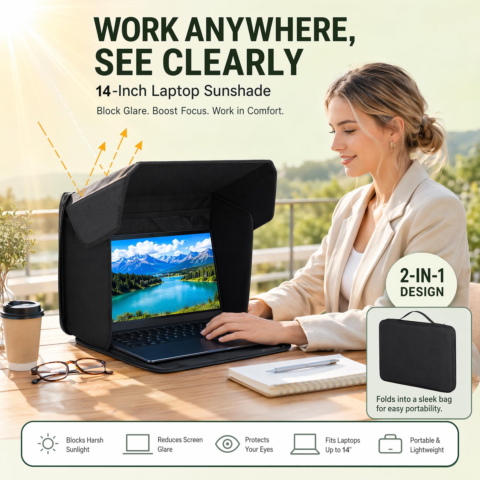 DASIAUTOEM Universal Laptop Sonnenschutz, Klappbare 2-in-1 Laptoptasche, Sonnenschutz Blendschutz UV-Schutz für Outdoor Arbeit mit Rutschfesten Clips Kompatibel mit für 12-16 Zoll Laptop (12-14in)