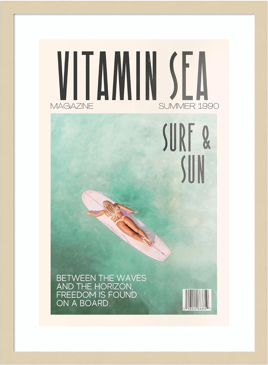 Kate and Laurel Framed Wall Art Print Vitamin Sea by Honey Island Studio, 19 x 25, Svelte Natural Frame, Vintage, Beach Art for Wall Decor