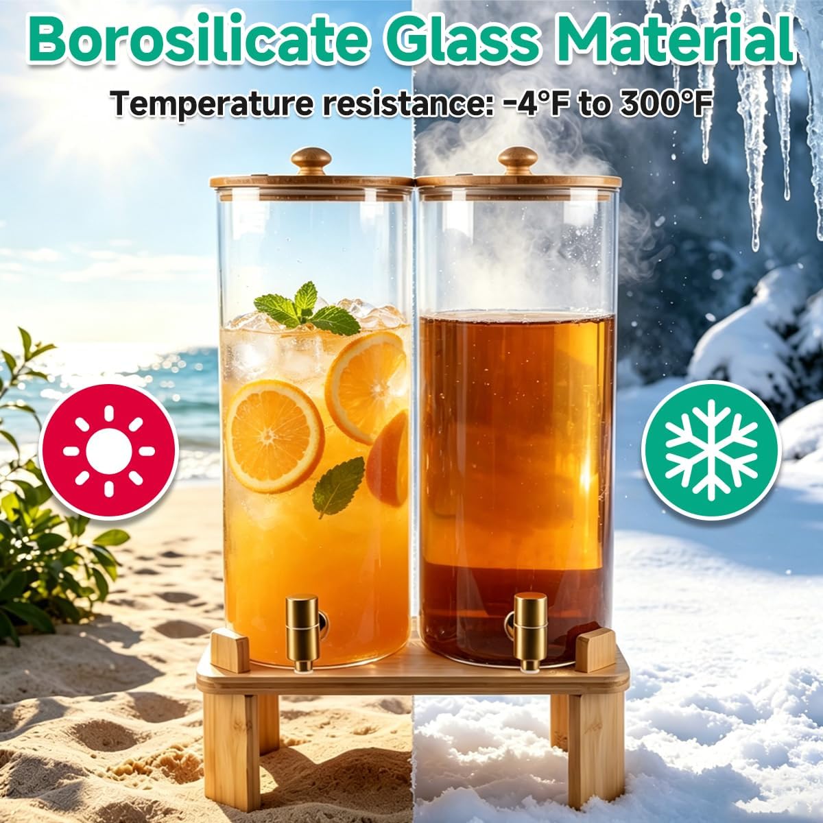 2 Gallon 2 PCS (4 gallon) Beverage Dispenser With Bamboo Wood Stand,Large Glass Drink Dispenser for Parties,Large Water Dispensers with Spigot,Juice Containers & Water Pitcher,Lemonade Dispenser thumbnail