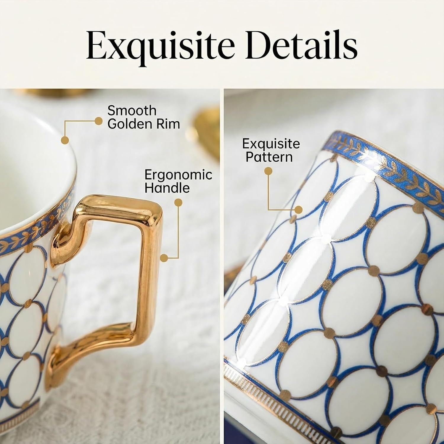 CwlwGO- European Bone China Tea Cup Sets Of 2,Elegance Blue and White Ceramic Cup and Saucers, For Women Tea Parties or Gifts Giving.