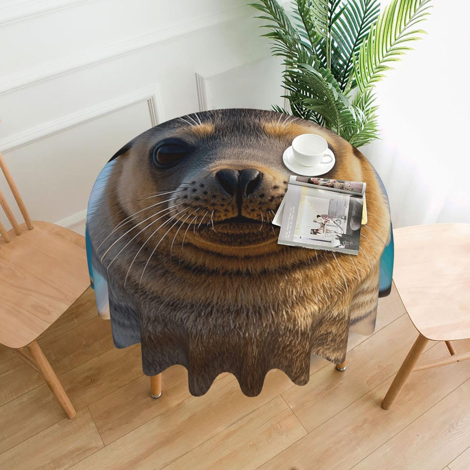 FodPand Cute Sea Lion Tablecloths for Round Tables 60 Inch - Reusable Washable Dining Table Clothes - Stain and Wrinkle Resistant Decorative Fabric Table Cover for Wedding Party