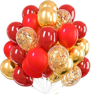 PartyWoo Red and Gold Balloons, 60 pcs 12 Inch Maroon Ruby Dark Red Burgundy Metallic Gold Confetti Balloons for Graduation Christmas Wedding Valentine's Day New Year Birthday Party Decorations