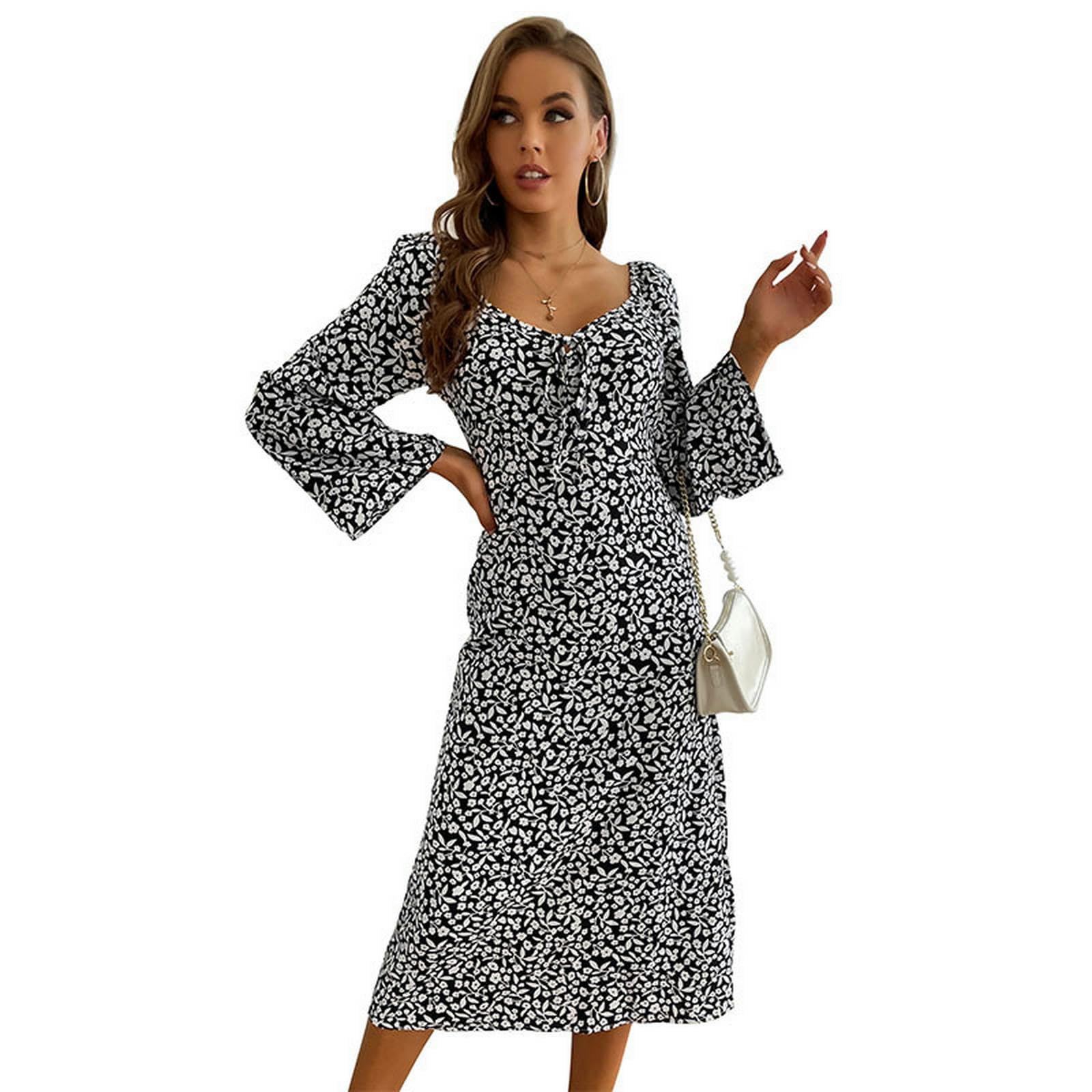 Vestido de cuello cuadrado para mujer, vestido de manga larga con volantes, estampado floral bohemio, vestidos fluidos YYEFNMAZ