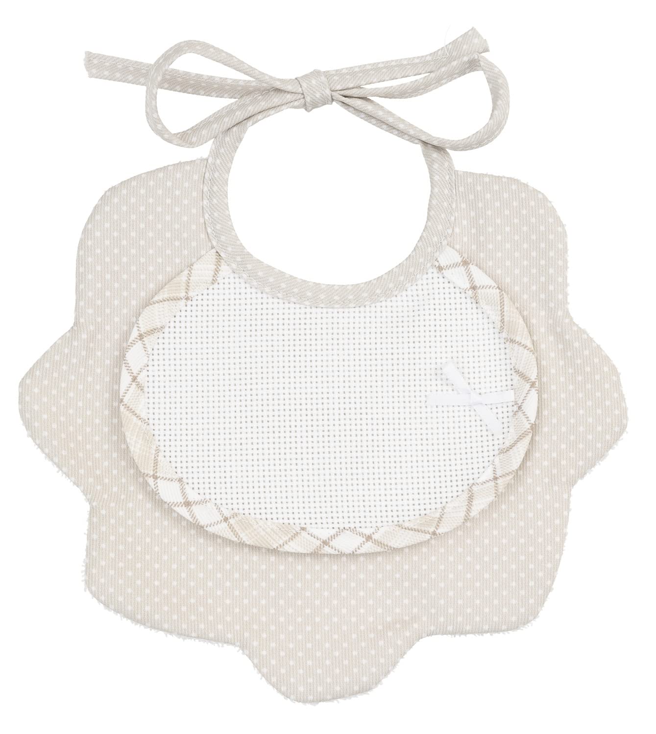 FILET - Double Bib in Printed Cotton Piquet with Polka Dots and White Sponge, Aida Fabric Insert to Embroider, Made in Italy, Taupe