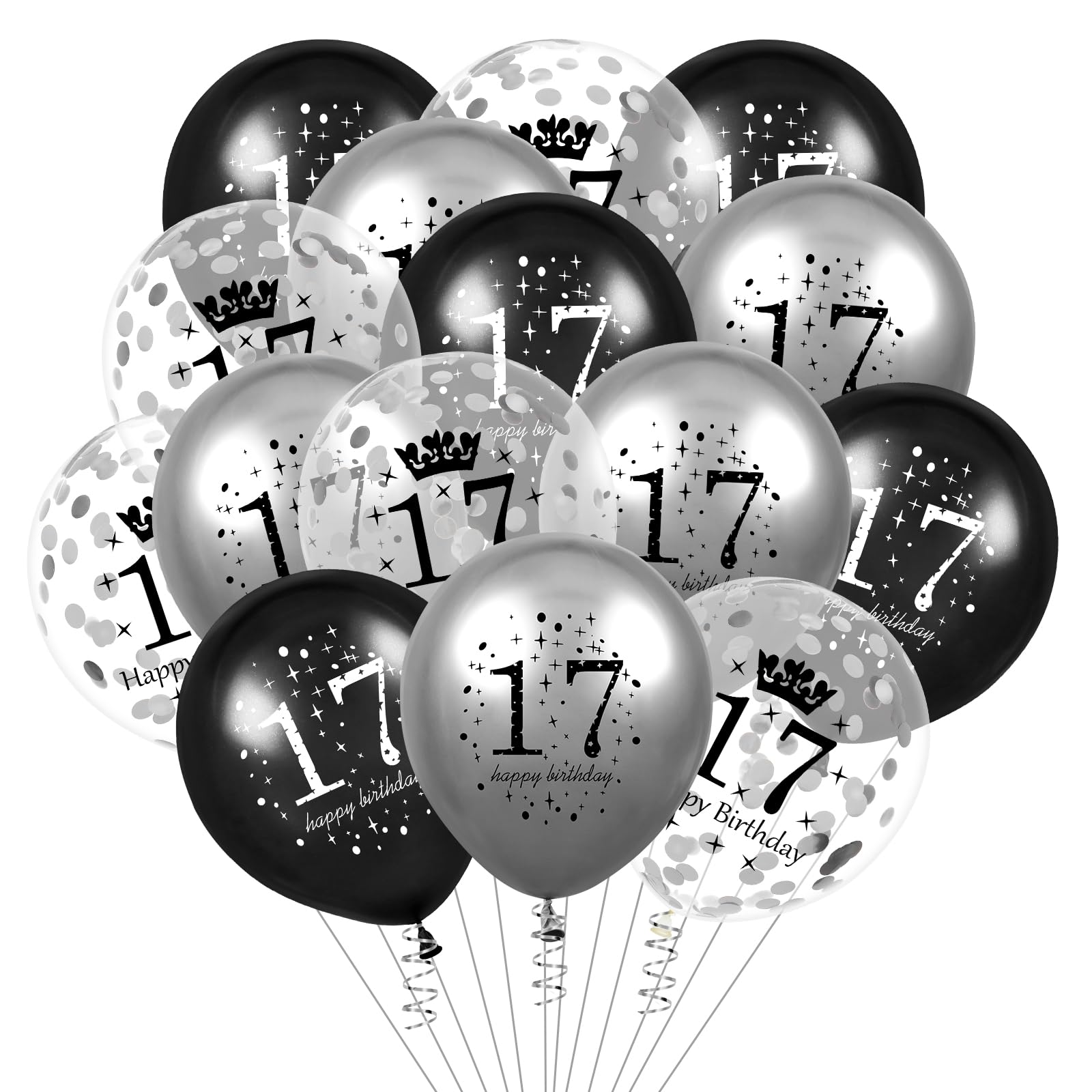17th Birthday Black Silver Balloons 15 Pcs Happy 17th Party Decorations 17 Year Old Balloon Set for Women Men Boys Girls Seventeenth Celebration Supplies Printed Latex Number 17 Party Balloons Photo