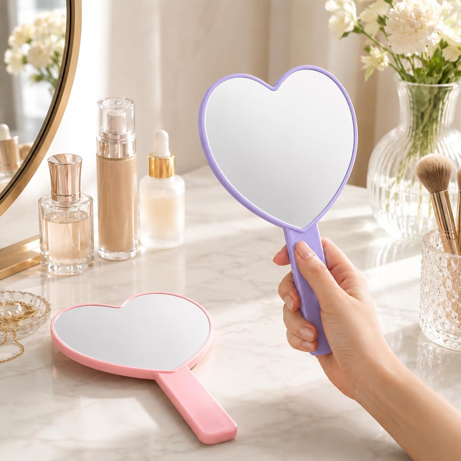 Heart Shaped Mirror 2Pcs Handheld Mirror Portable