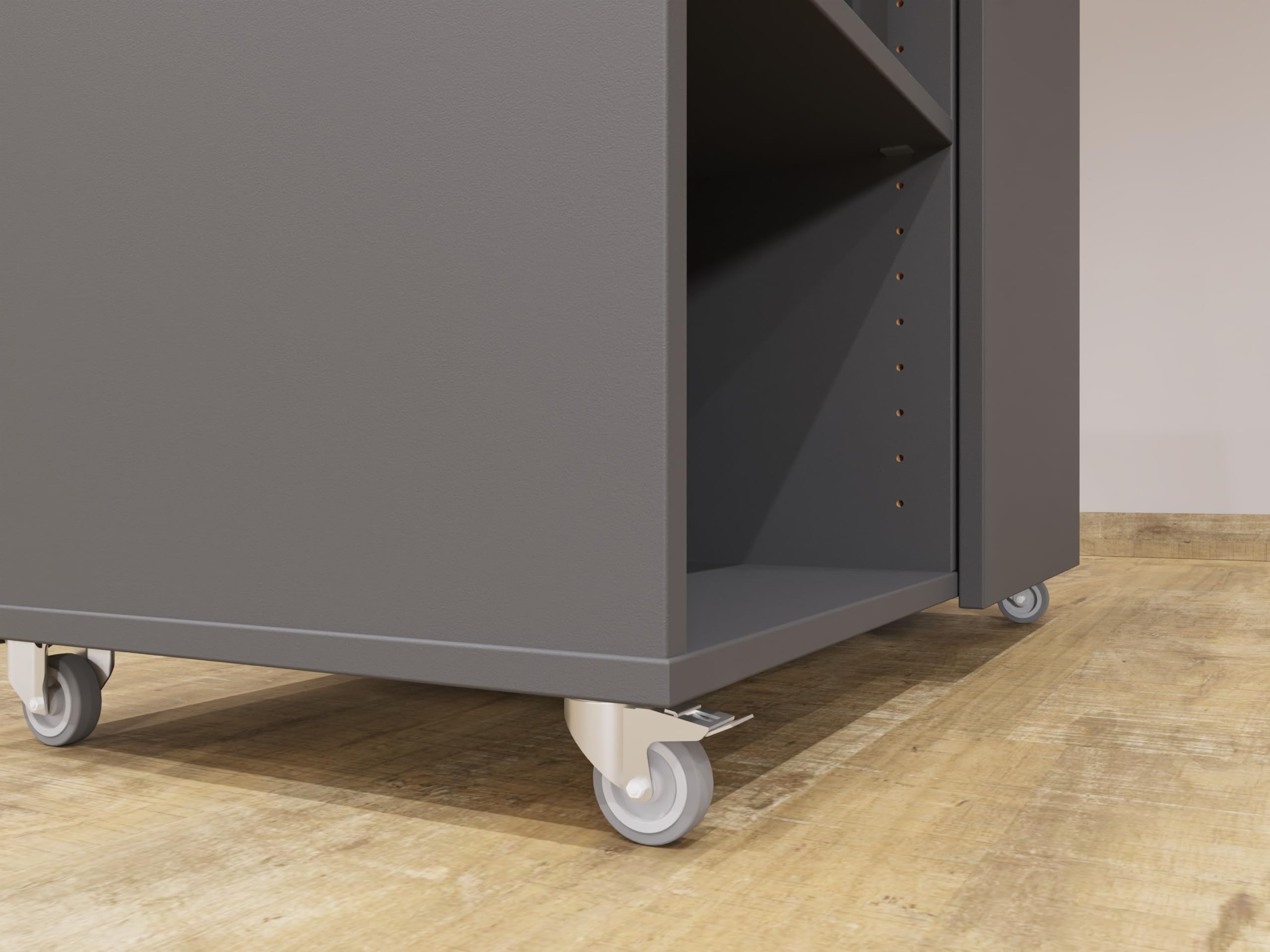 Rollbare Verkaufstheke Messetheke aus Holz | Empfangstheke Ladentheke mit 7 Fächer + Schranktür B108xT60xH111,5cm | Rednerpult Infotheke aus eigener Fertigung (Anthrazit)