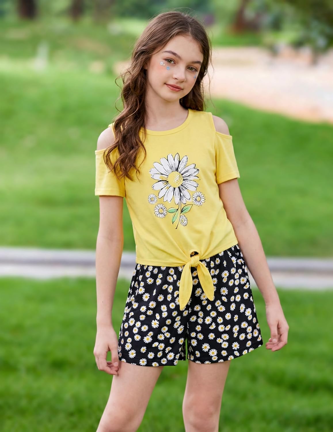Arshiner Girls Short Sets 2 Pieces Outfits Short Sleeve Tie Knot T-Shirts and Casual Shorts With Pockets Cute Clothes Sets - Image 2