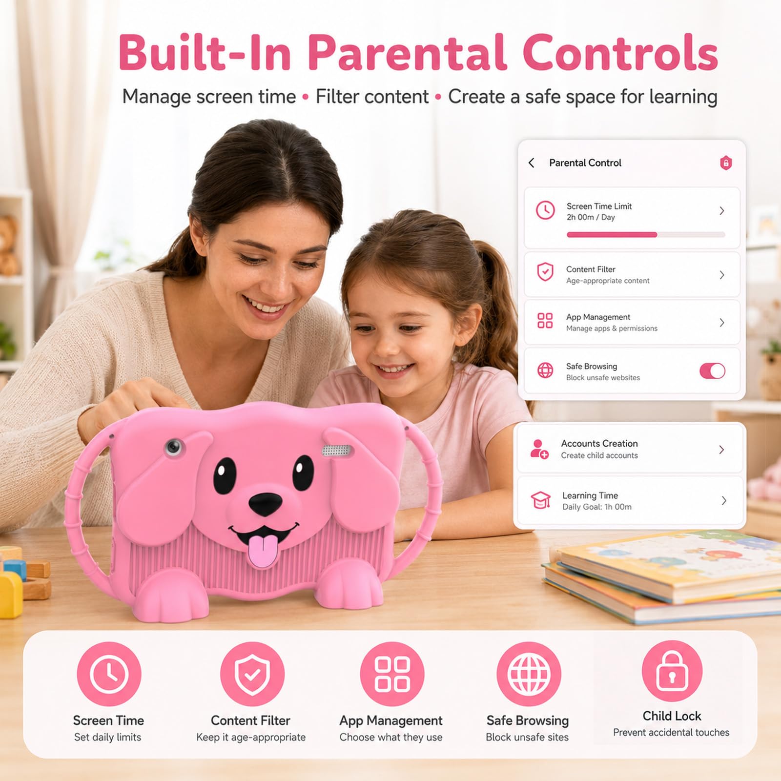 Tablette pour Enfant 7 Pouces Tablette Enfants avec WiFi 32GB Tablet Tactile Enfant Étui Antichoc Contrôle Parental Double Caméra (Rose)