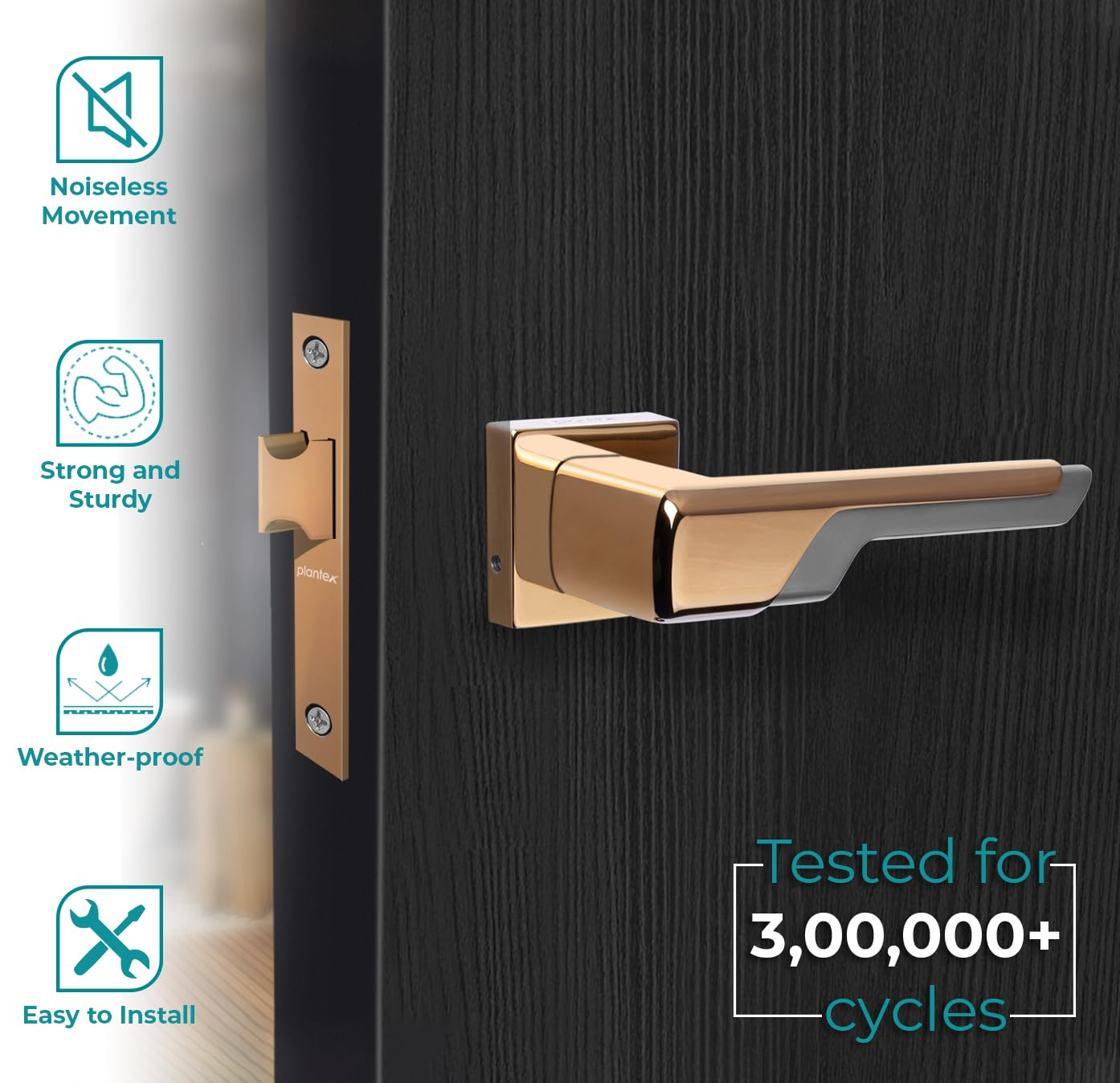 Plantex Heavy Duty Door Lock – Bathroom Door Lock/Mortise Keyless Handle Set for Home/Bathroom/Store Room/Balcony/Office with Baby Latch (7093 – PVD Choco & Satin Black Matt) — Amazon image 2