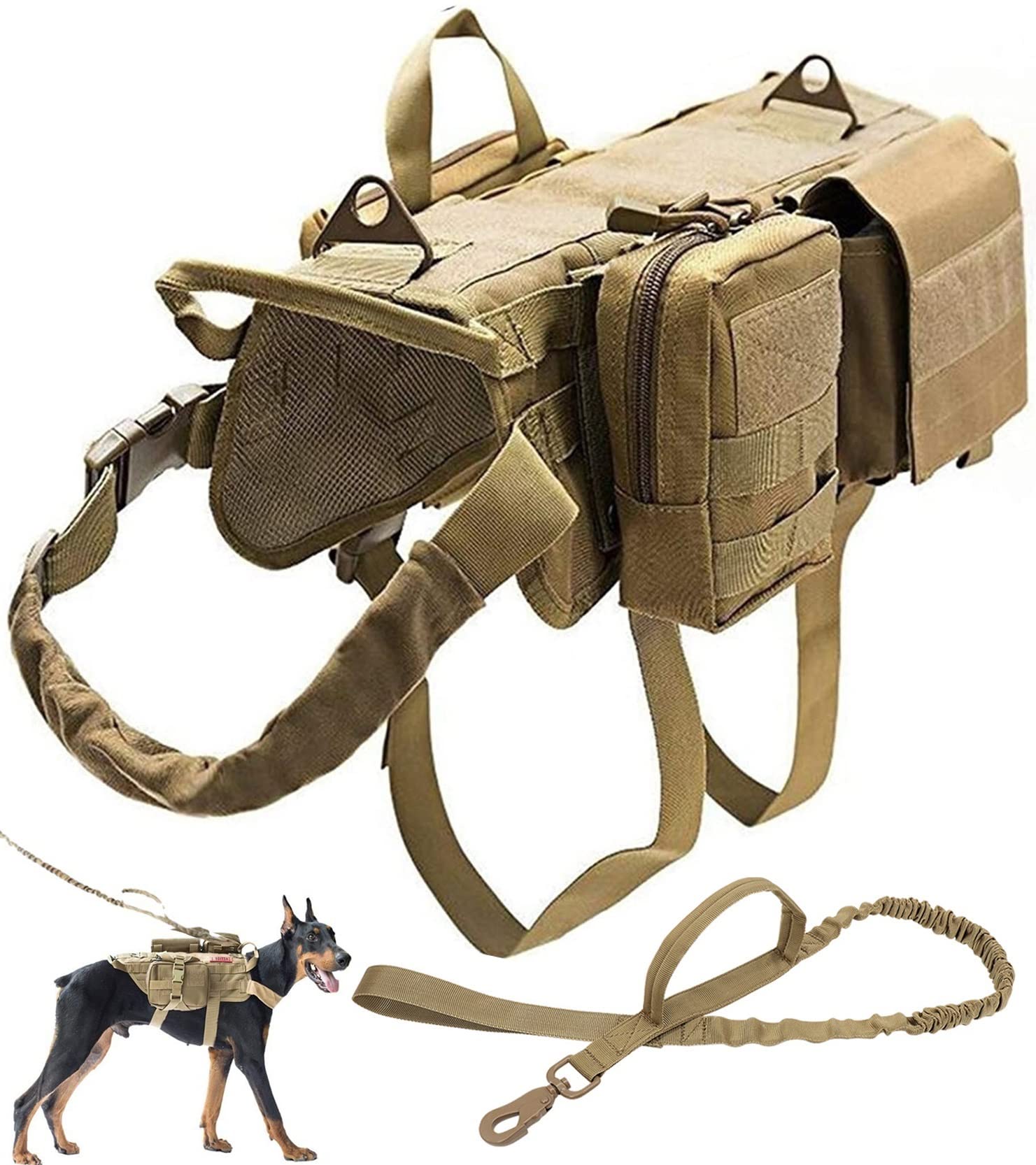 Tactical Dog Harness Set with Lead, Adjustable Military-Style Vest, Includes Storage Pockets and Bags for Outdoor Training and Working