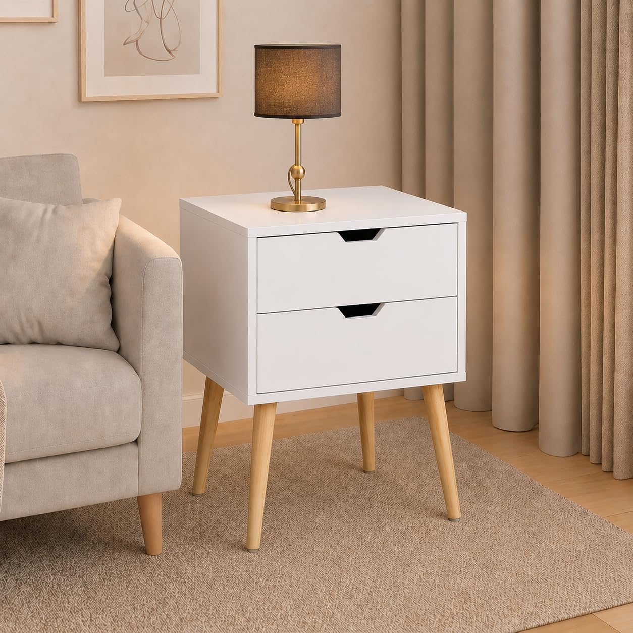 Bed Side Table with 2-Drawer Nightstand, Accent or End Table with Storage (White)(Wood)-image-31