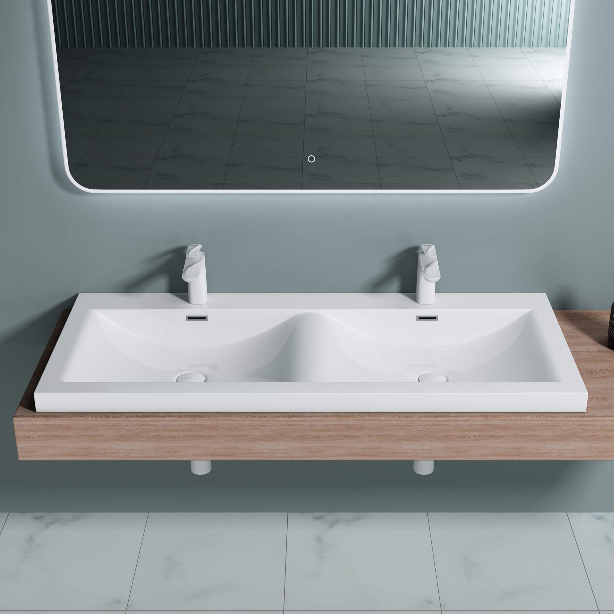 doporro Lavabo da Incasso 120 cm Doppia Vasca in Marmoresina Bianco Lucido, Lavabo Bagno Integrale Soprapiano con 2 Fori Rubinetto e Troppopieno Colossum03