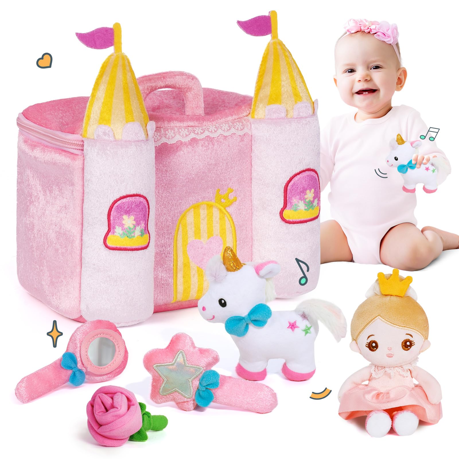 OUOZZZ Château Jouet de Princesse- avec 5 Jouets en Peluche，Peluche Licorne、Poupée de Chiffon、Cadeaux d'anniversaire pour Les Filles âgées de 1, 2 et 3 Ans