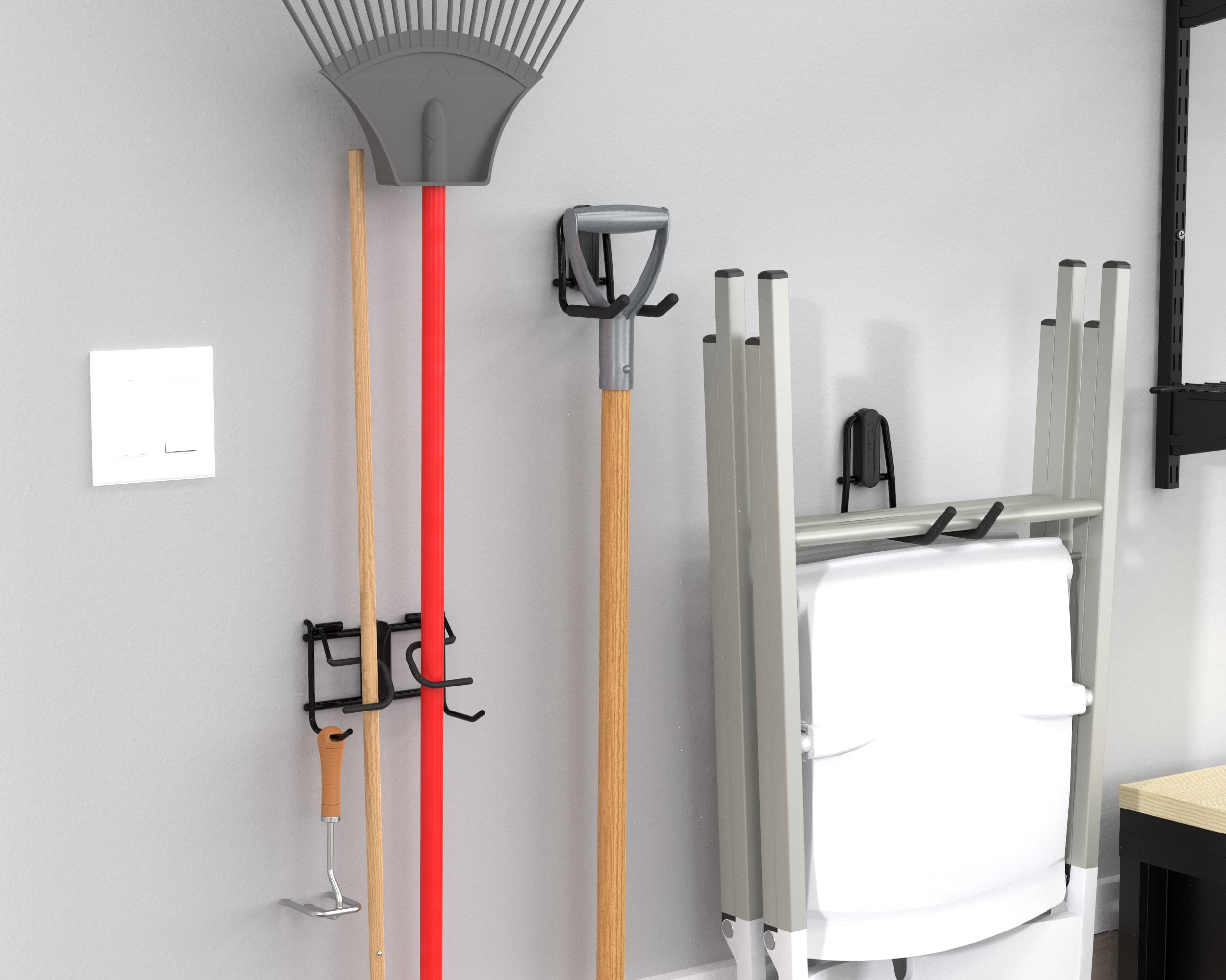 ClosetMaid MaxLoad - Paquete de 3 ganchos y perchas de garaje para montaje en pared, almacenamiento resistente para herramientas de mango largo, cables, mangueras, palas, rastrillos, escobas, color