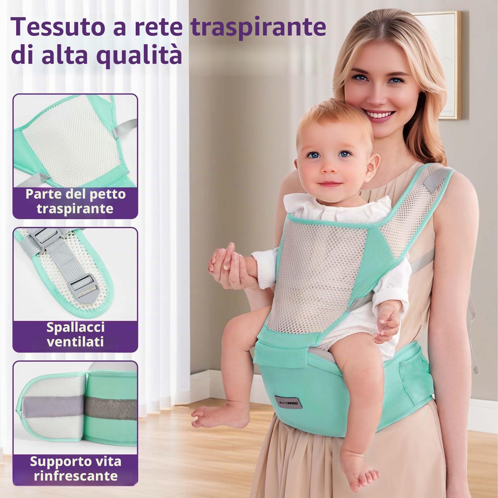 Portabebè Fisiologico da Neonato a Bambino, Fascia Portabebè Laterale con Spallone Extra Largo, Regolabile ed Ergonomico 0-36 Mesi, per Viaggi e Supporto Anca Sano (Verde)