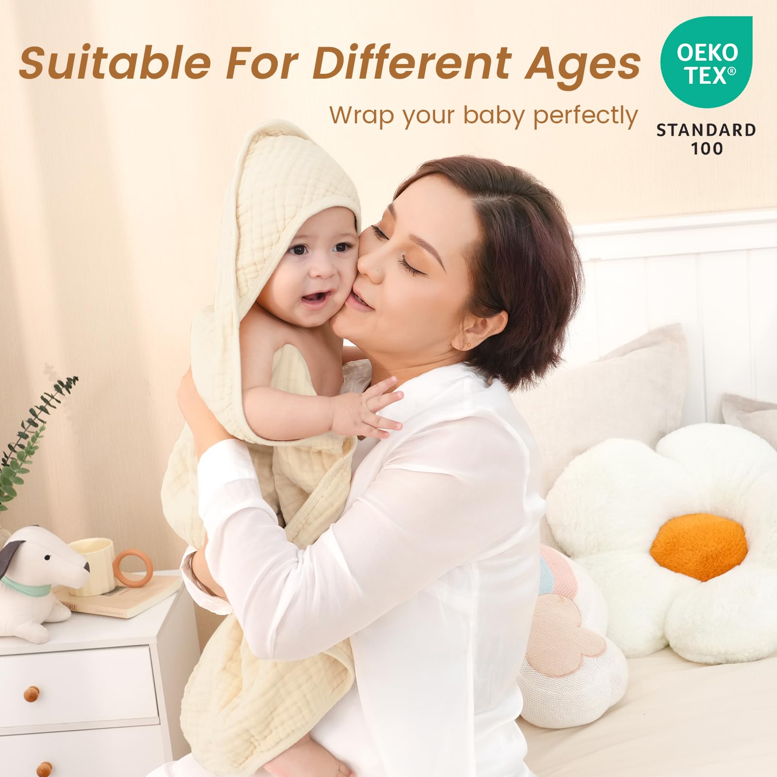 david's kids Paquete de 2 toallas con capucha para bebé, 100 % muselina de algodón, toallas de baño para bebé, ultrasuaves, transpirables, absorbentes, para bebés y niños, esenciales para recién