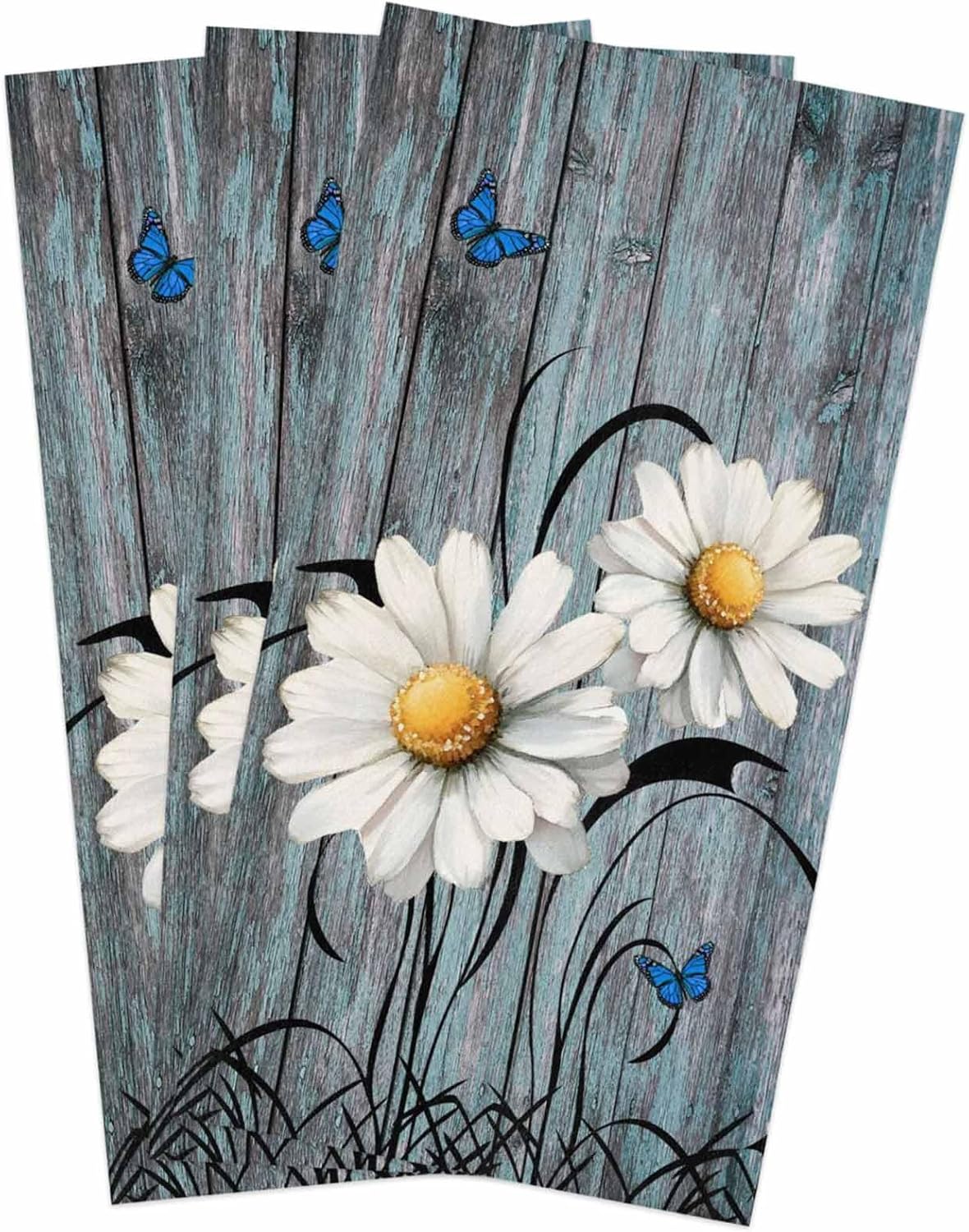 Yellow Daisy Butterfly Floral Flowers Kitchen Dish Towels Set of 3, Soft Lightweight Microfiber Absorbent Hand Towel Rustic Wood Plank Tea Towel for Kitchen Bathroom 18x28in
