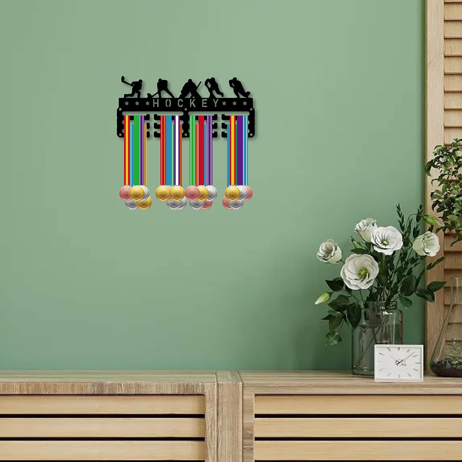 CREATCABIN Hockey Medal Holder Runner Medal Hanger Display Rack Sports Metal Hanging Awards Iron Small Mount Decor Awards for Wall Home Badge Race Runner Marathon Medalist Black 11.4 x 5.1 Inch