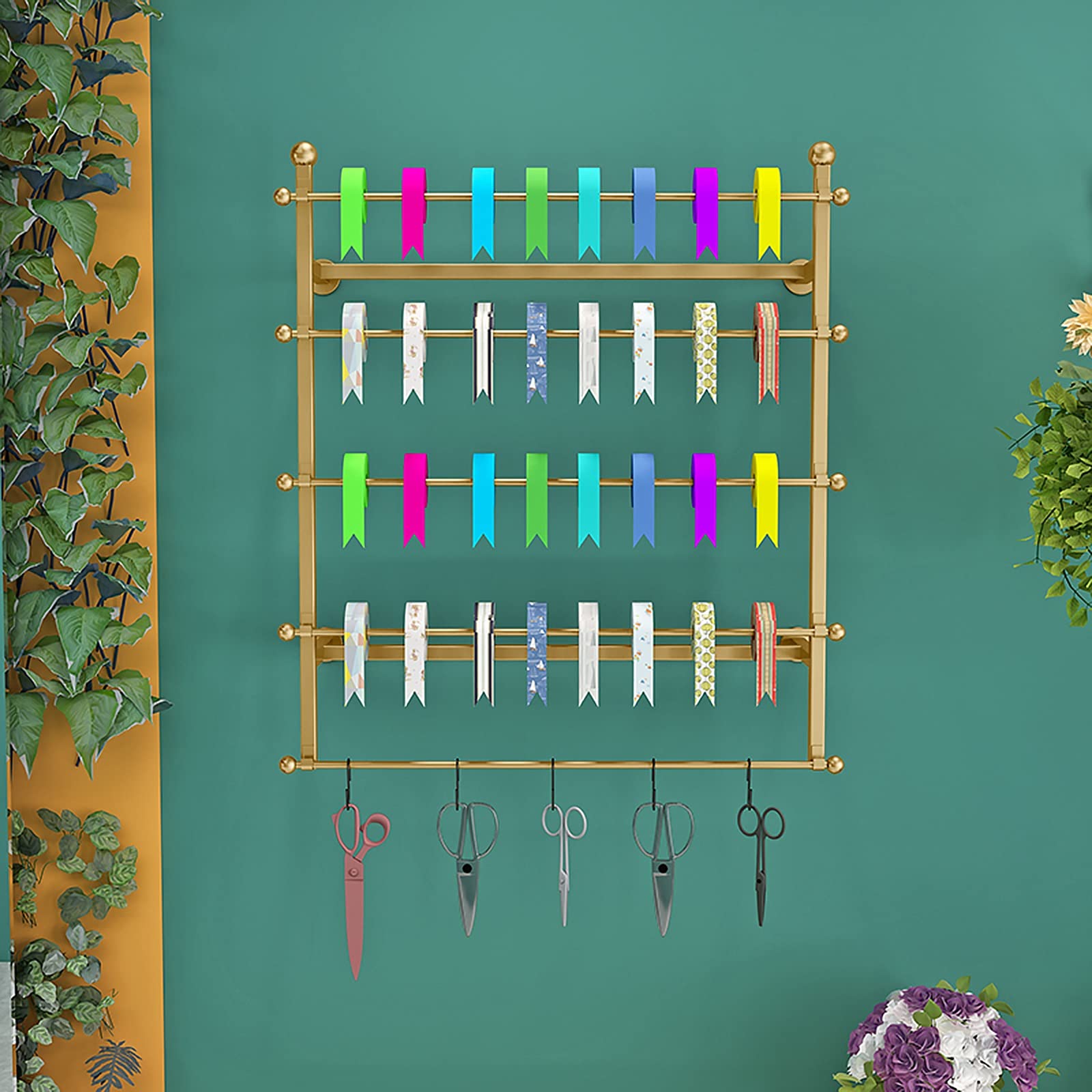 UWYTGF 80Cm/31.4In Tall Ribbon Storage Rack for Flower/Gift Store,Multi-Layer Metal Silk Scarf Holder with Removable Cross Bar,Wall Mounted,Gold,Length,100Cm/39.3In