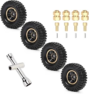 RCAWD Chromed Brass Wheel Glue Free Weights & Tire for Axial 1/24 SCX24 Upgrades Crawlers, 62G 1.0 inch RC Wheel and Tires Set, Parts for AXI90081 AXI00001 AXI00002 AXI00005 AXI00006 Black