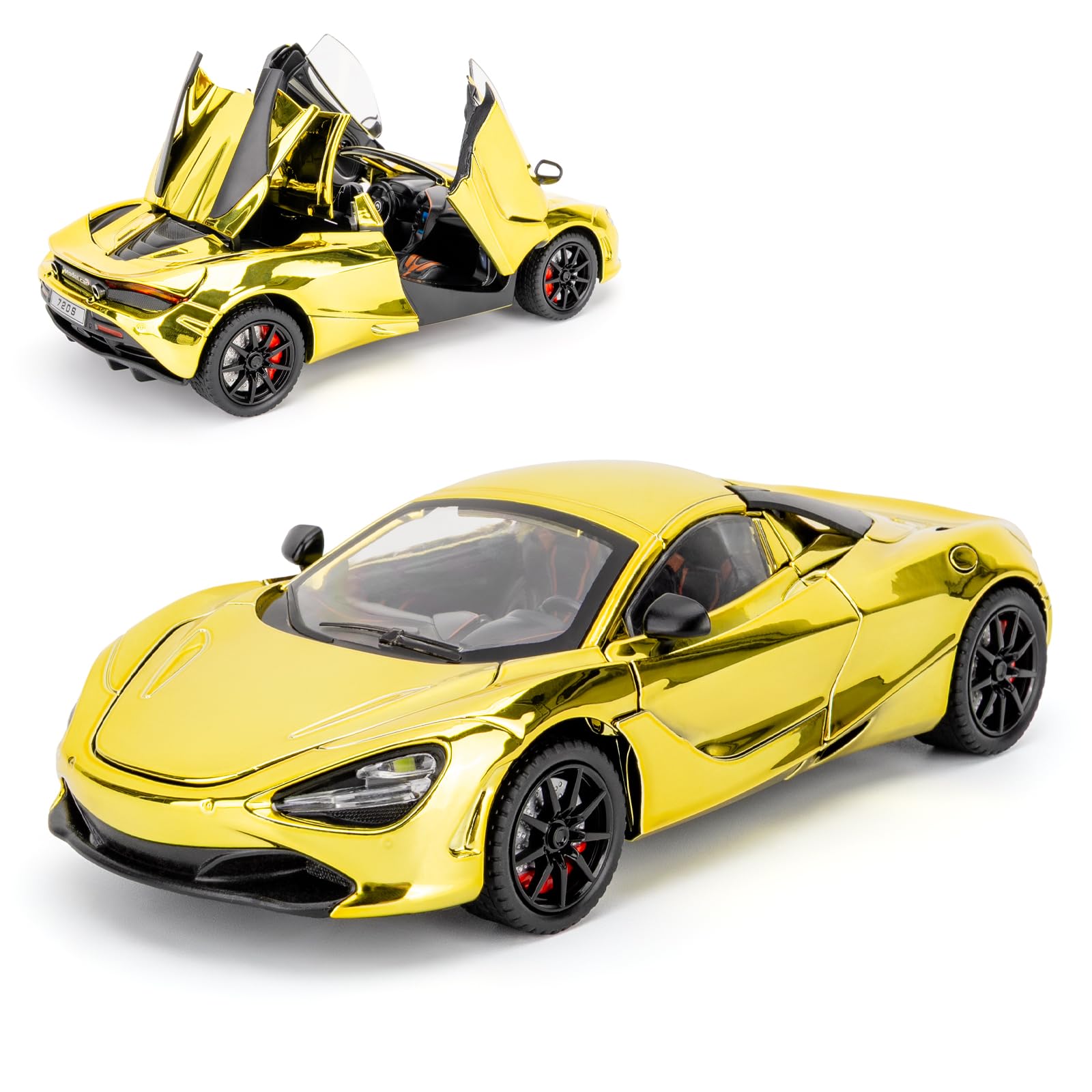 BGHSCA 1/24 Scale Mclaren 720s Diecast Model Car,Zinc Alloy Pull Back Toy Vehicles with Sound and Light for Kids 3+ Years Old Gift(Golden)