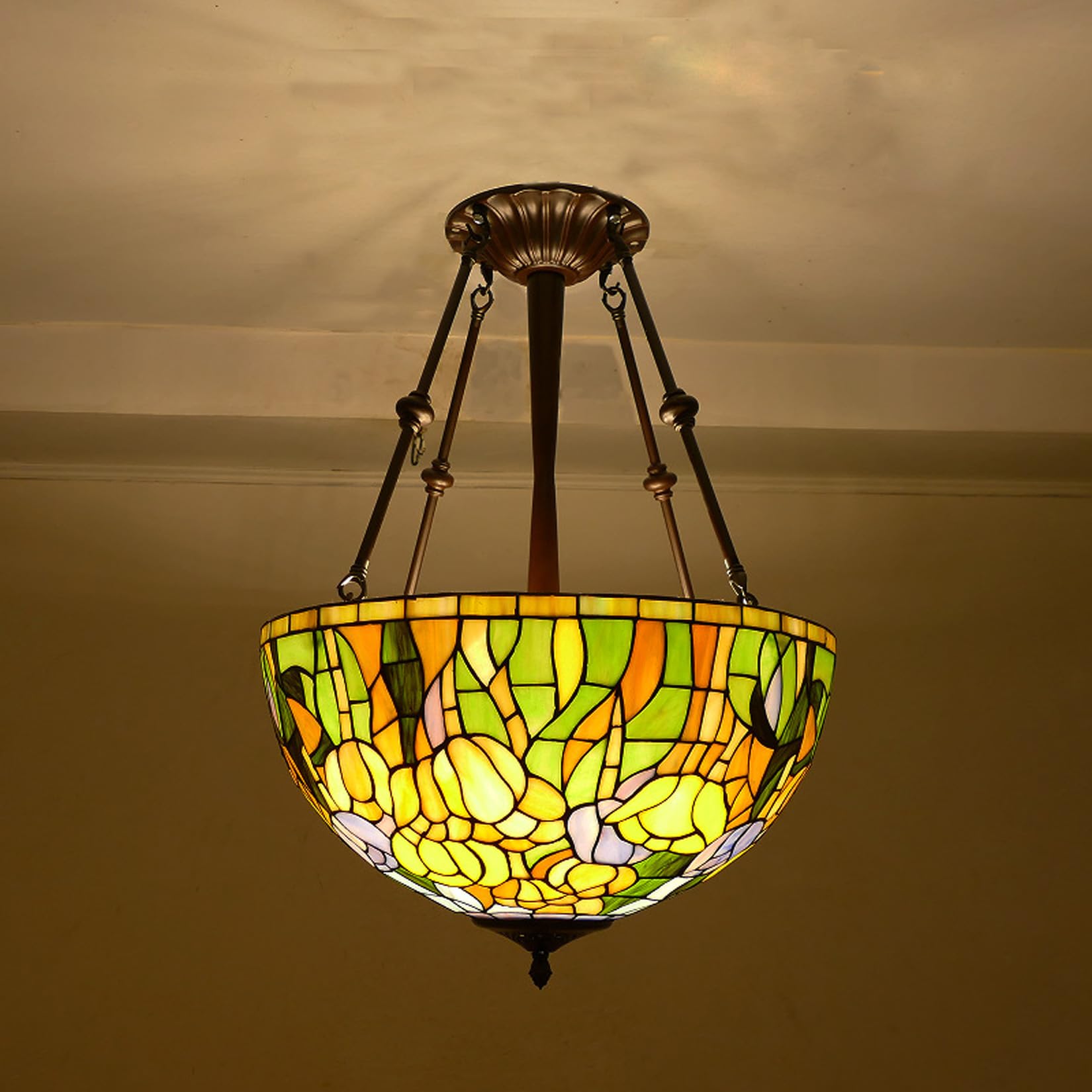 Plafonnier suspendu Tiffany 18" en vitrail artisanal et tulipes rétro