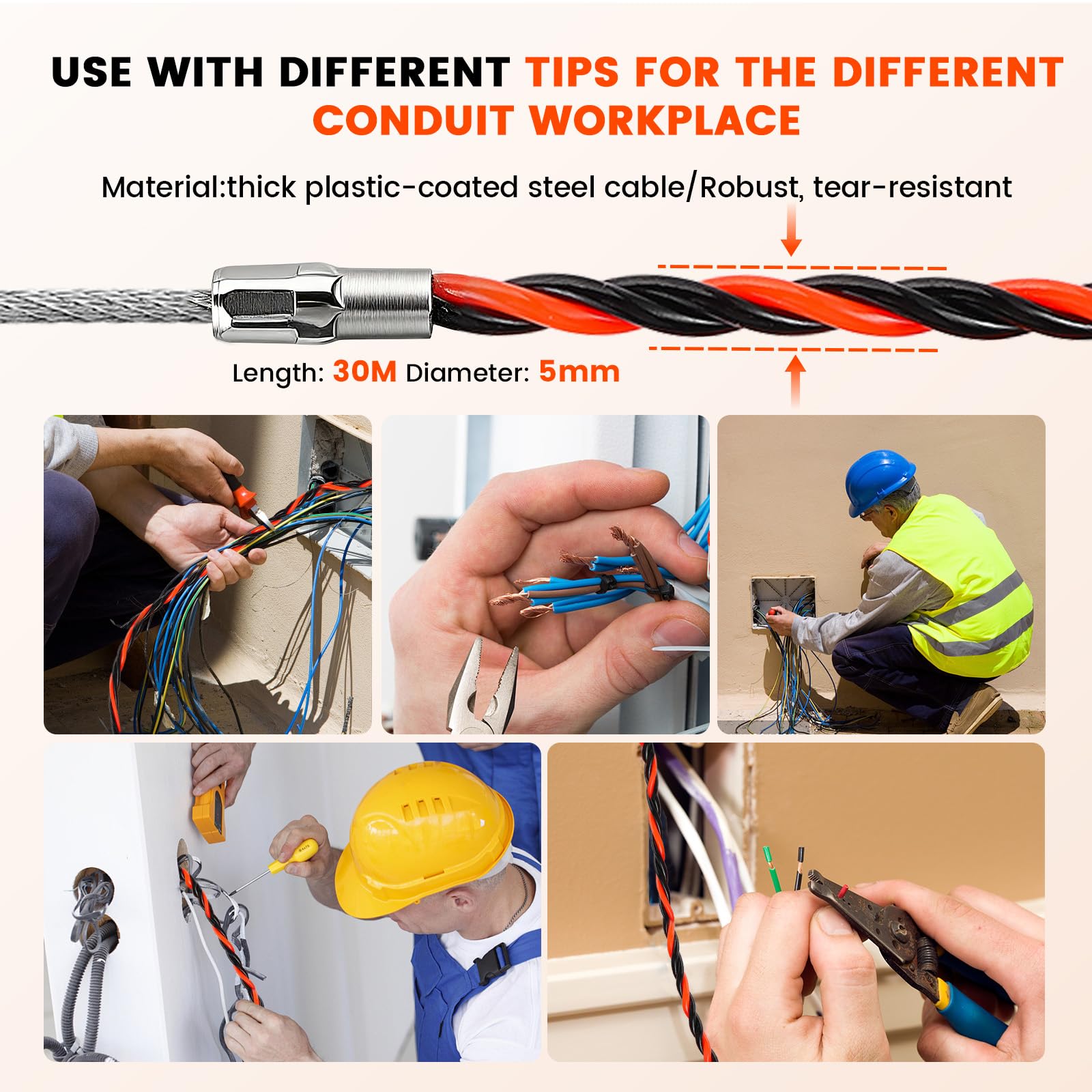 Guía Pasacables 30m, Enhebrador de Alambre Electrico Diámetro 5 mm, Sonda Guía para Electricista con 2 Muelles de Guía, con Mango, Herramienta para Pasar Cables en Instalaciones Eléctricas (Naranja)