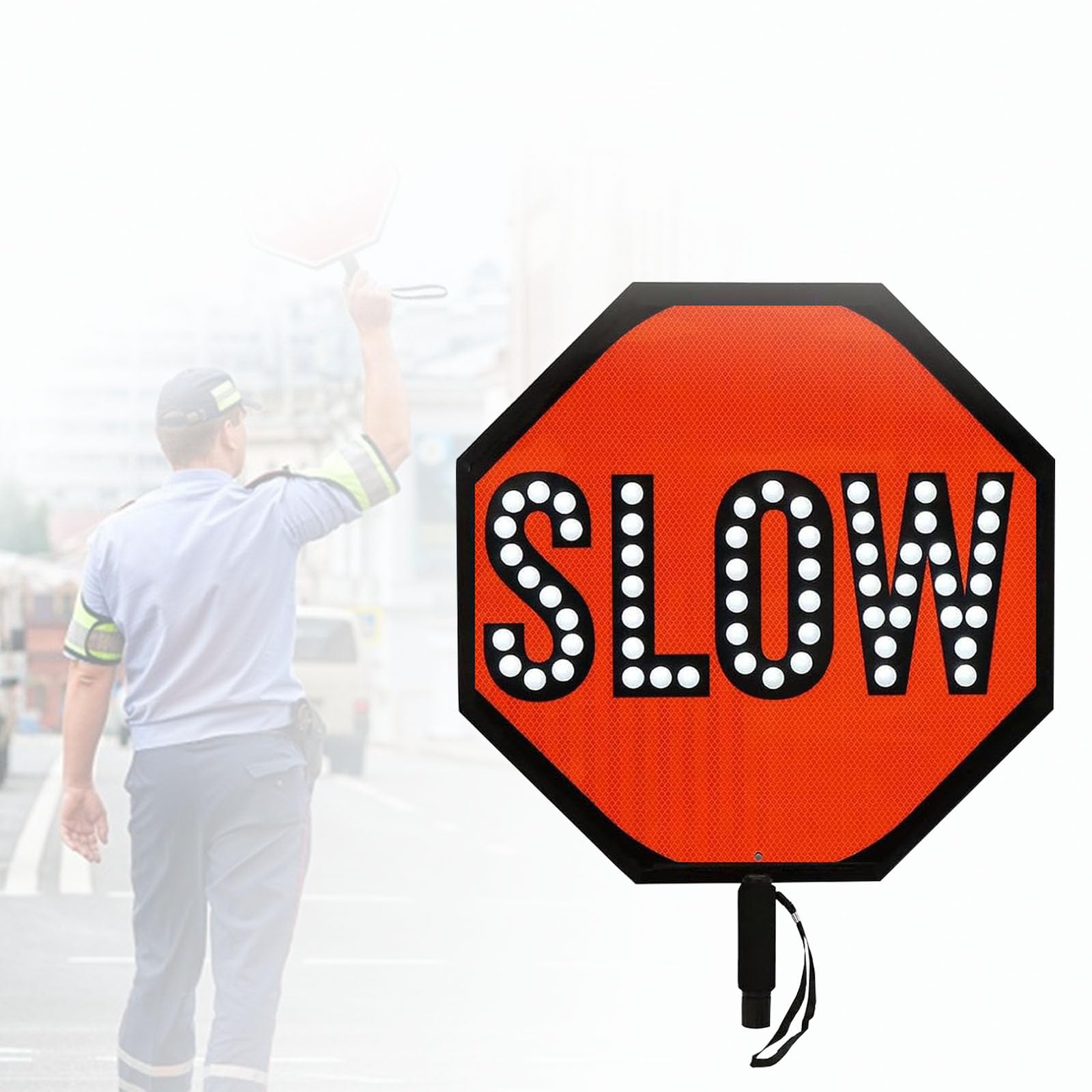 KJZQXYX 45cm/18in Double-Sided Stop Sign, Rechargeable LED Reflective Hand Held Sign,Industrial Warning Signs, Steady/Flashing Light Modes (Stop/Slow)