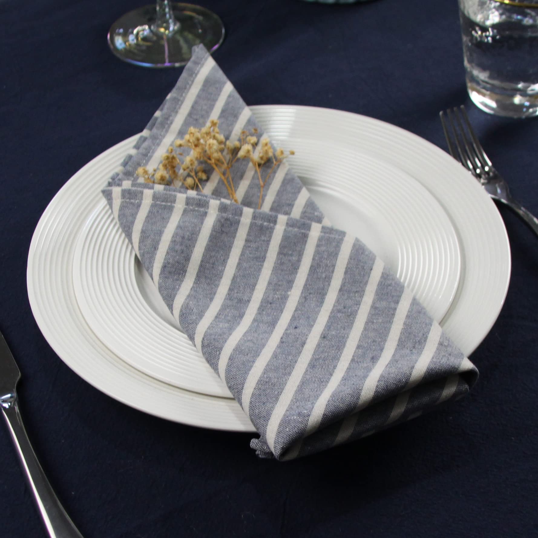 Lot de 12 serviettes de table larges en coton mélangé à rayures pour événements et usage domestique Bleu marine 43,2 x 43,2 cm