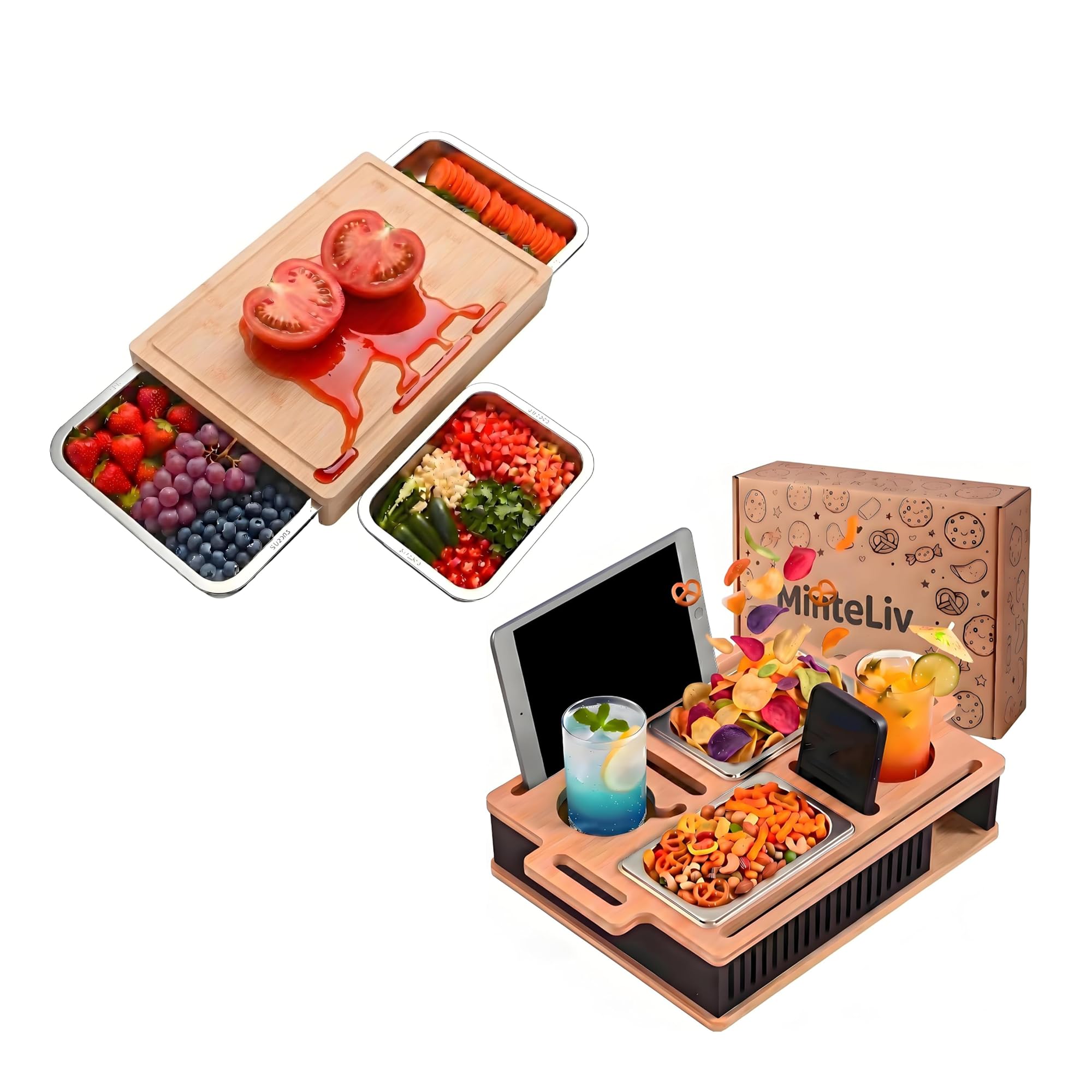 Bambus-Schneidebrett mit Edelstahl-Auffangschale & Couchbar Snackbox mit 2 Edelstahl Snackschalen im Bundle