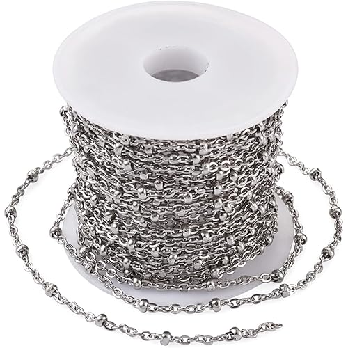 Pandahall 5m 304 Stainless Steel Satellite Chains 2mm Soldered Cable Chains with Rondelle Beads with Spool for DIY Necklaces Pendants Bracelets Making