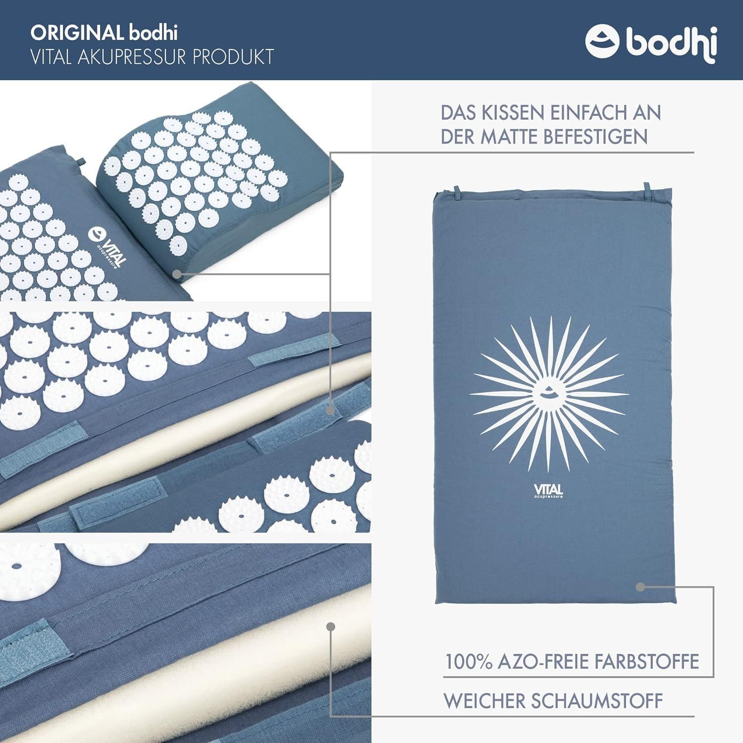 Bodhi VITAL Akupressurmatten-Set | Massagematte & Kissen inkl. Tasche | Nadelkissen zur Selbstmassage | Entspannungsmatte gegen Nacken und Rückenschmerzen | Fakirmatte für zu Hause | blau