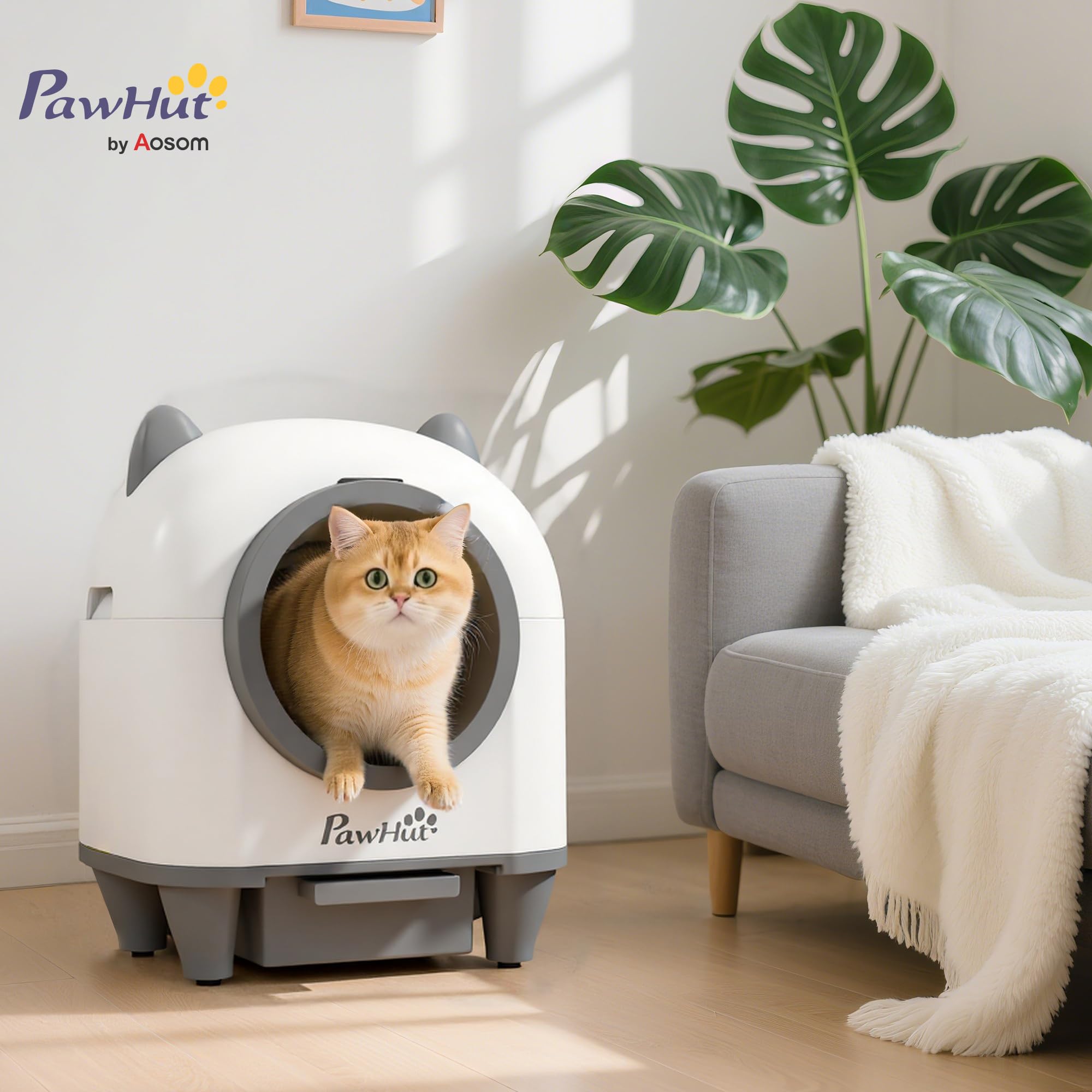 PawHut Arenero Gatos Autolimpiable 80L con Eliminación Olores Control App | Protección Seguridad, Arenero Autolimpiable, Incluye 1 Rollo Bolsas Basura