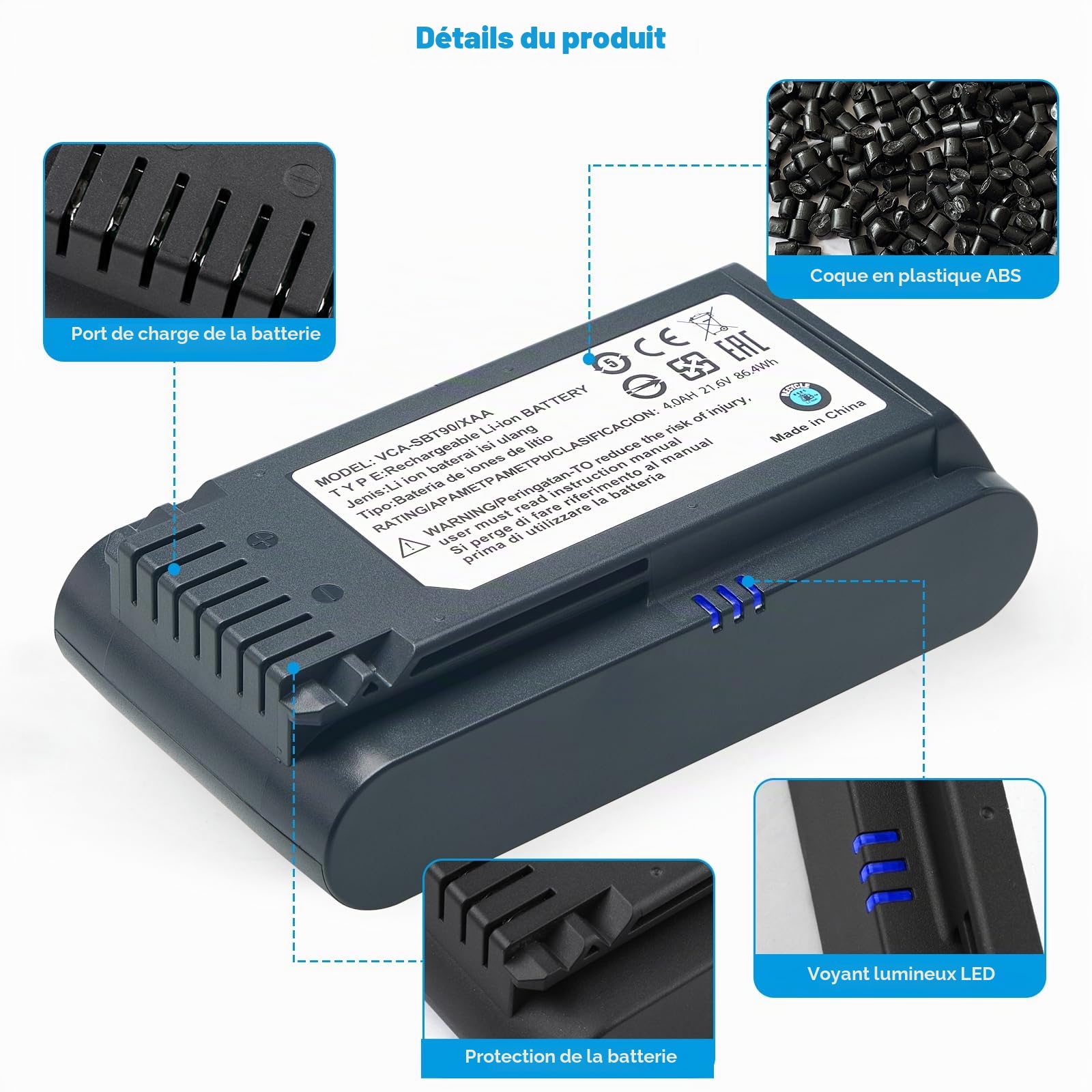 Batterie de remplacement 4,0 Ah pour aspirateurs à batterie Samsung Jet 60, Jet 70, 75, 75+ et Jet 90/90+, compatible avec les modèles VCA-SBTA60, VCA-SBT90 et VCA-SBT90EB