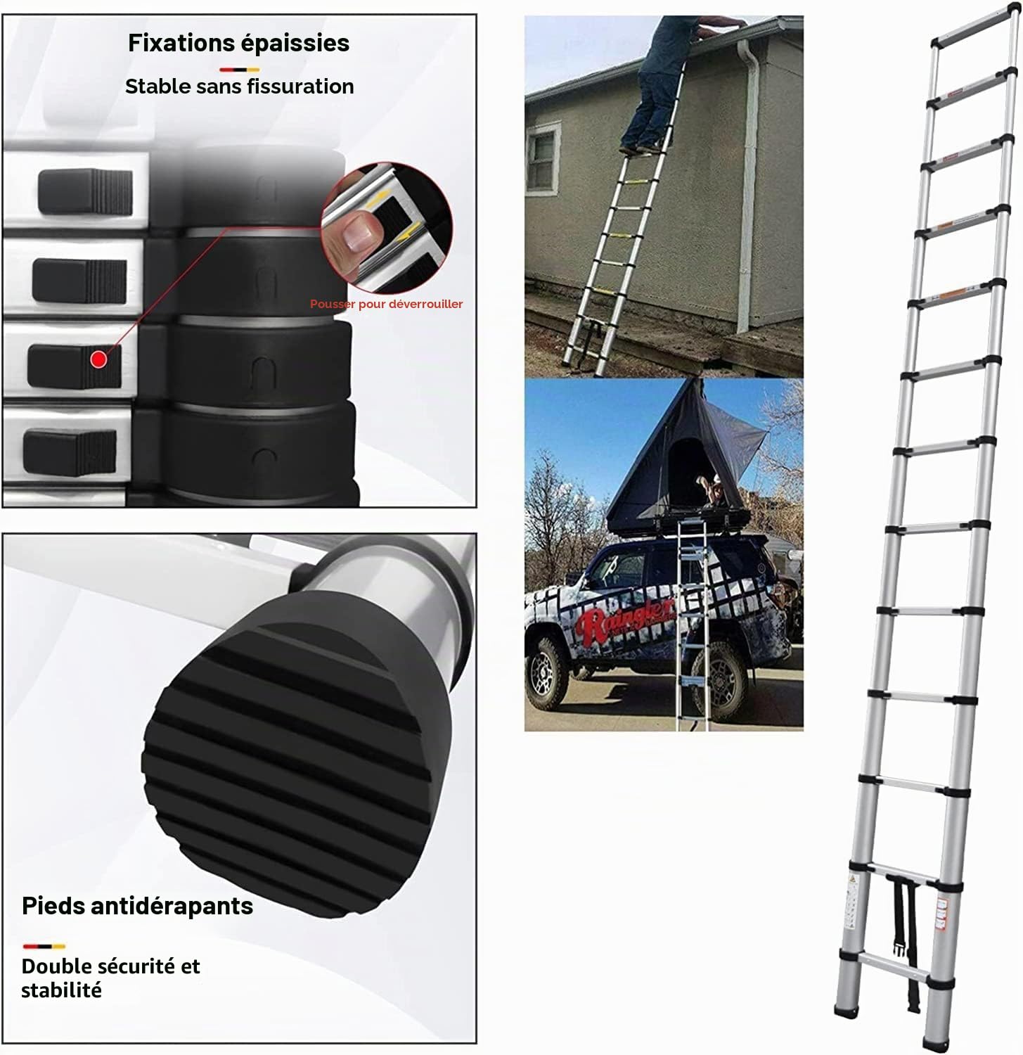 Échelle télescopique de 5 m en aluminium avec pieds antidérapants, légère et pliable, capacité de 150 kg