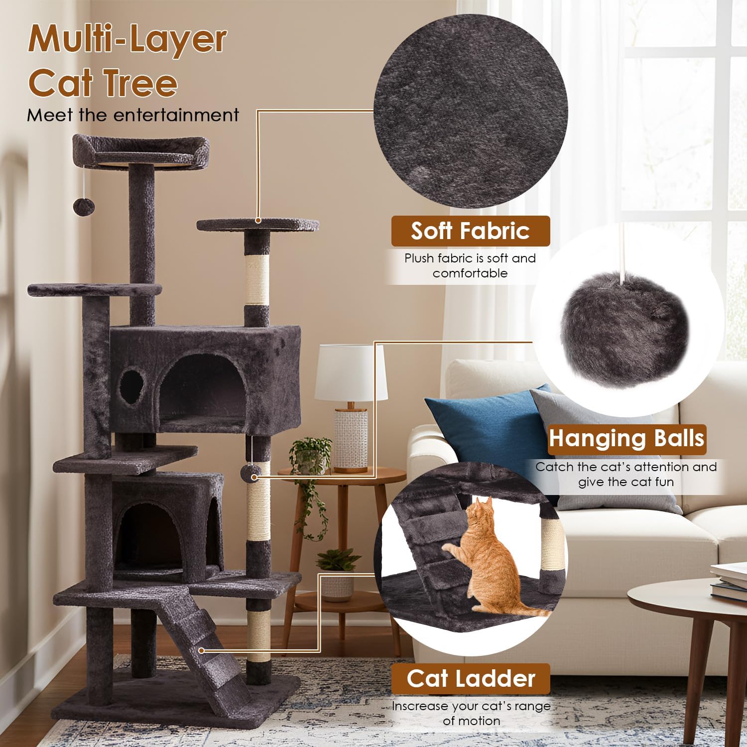 PayLessHere Cat Tree 54in Cat Tower with Cat Scratching Post,Multi-Level Cat Condo Stand House Furniture Kitty Activity Center with Furry Ball Toys Cat Tree for Indoor Cats,Purple